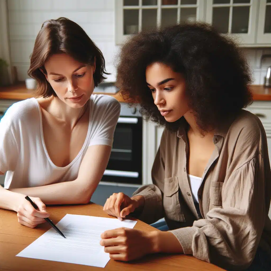 Two women sitting at a wooden table in a kitchen, focused on reviewing a written document together. Working AA Step 5
