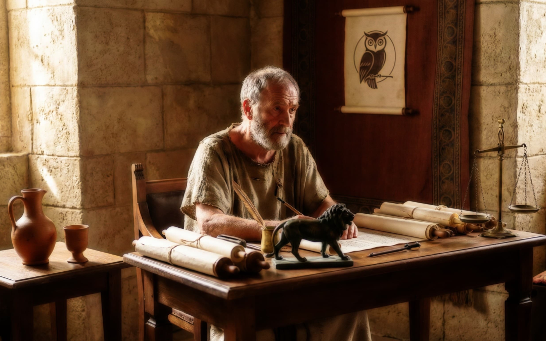 Stoic philosopher studying with symbols of 4 virtues