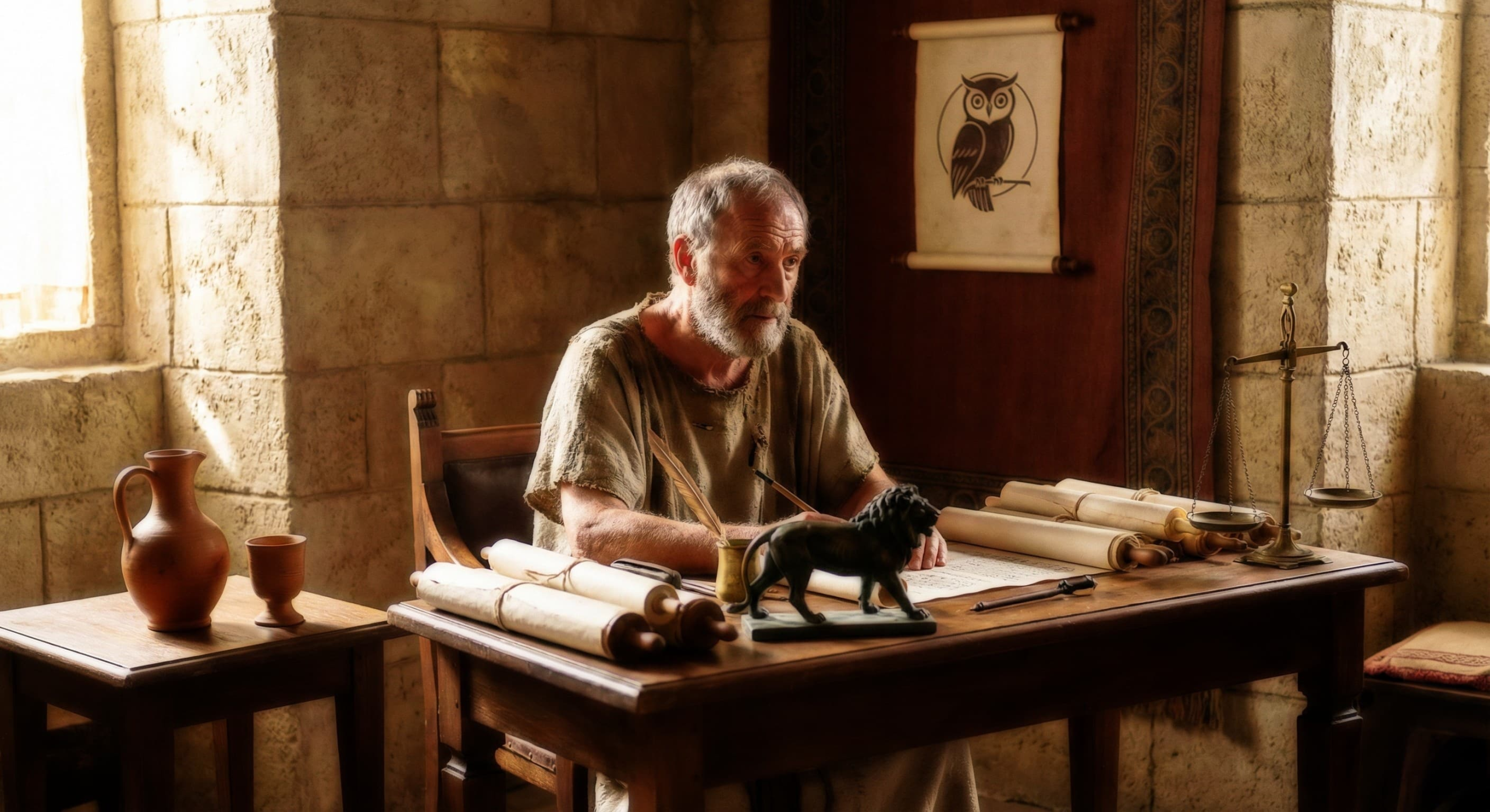 Stoic philosopher studying with symbols of 4 virtues
