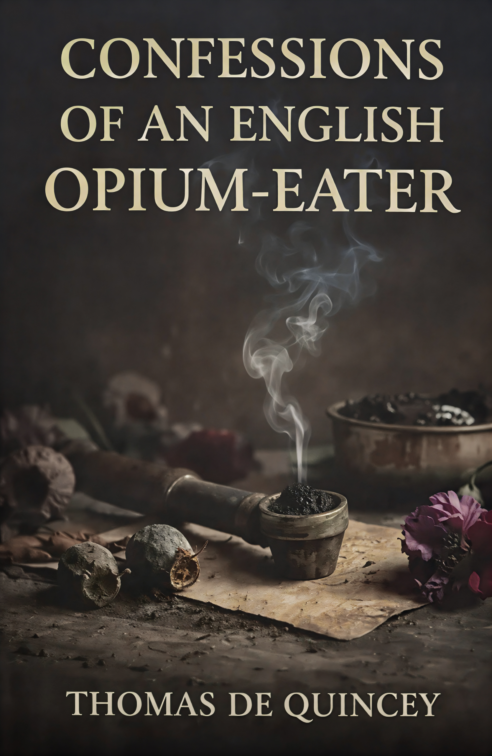 Book cover of 'Confessions of an English Opium-Eater' by Thomas De Quincey featuring a smoking pipe and poppy pods.