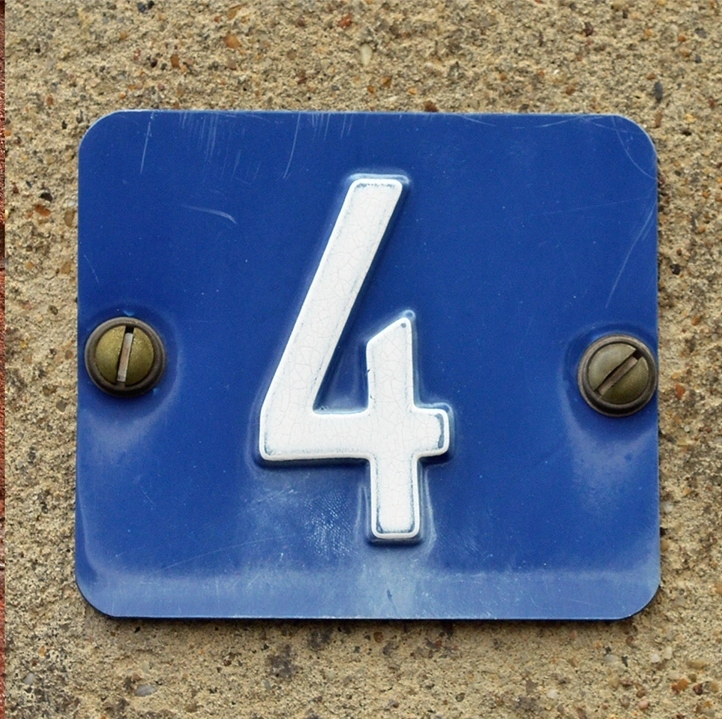Blue metal plate with a white number 4, representing Step 4 of the 12 Steps.