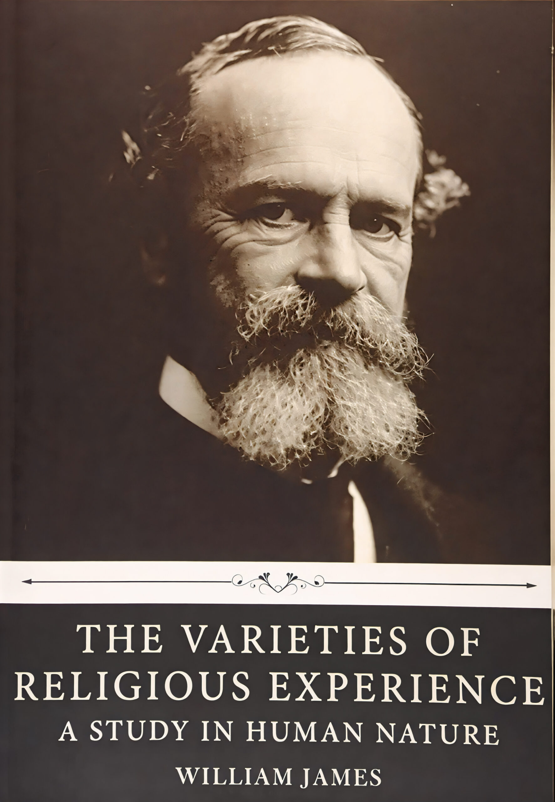 Book cover of 'The Varieties of Religious Experience' by William James featuring a portrait of the author.